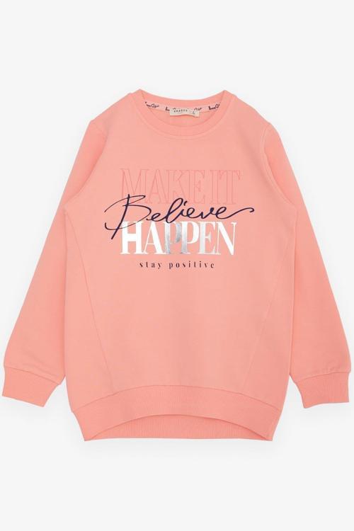 Kız Çocuk Sweatshirt Yaldızlı Yazı Baskılı 6-12 Yaş, Somon