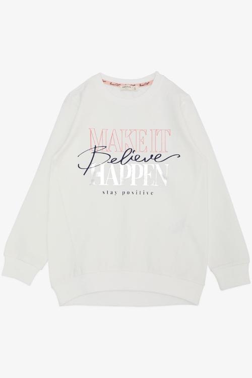 Kız Çocuk Sweatshirt Yaldızlı Yazı Baskılı 6-12 Yaş, Ekru