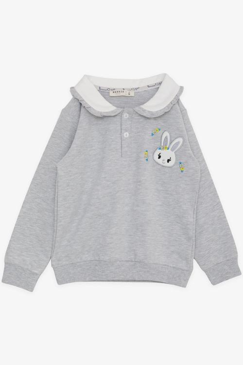 Kız Çocuk Sweatshirt Tavşan Nakışlı Düğmeli 2-6 Yaş, Açık Gri Melanj