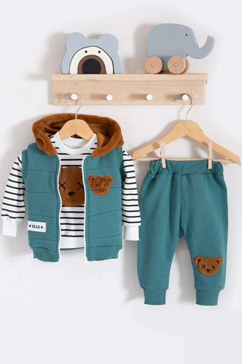 3-18 Ay Erkek Bebek Takımı Peluş Ayıcık Kapişon 3'lü Yeşil