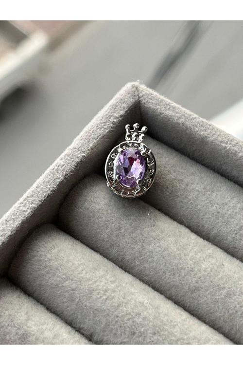 Taşlı Taç Charm Gümüş Kaplama Mor Battal Standart