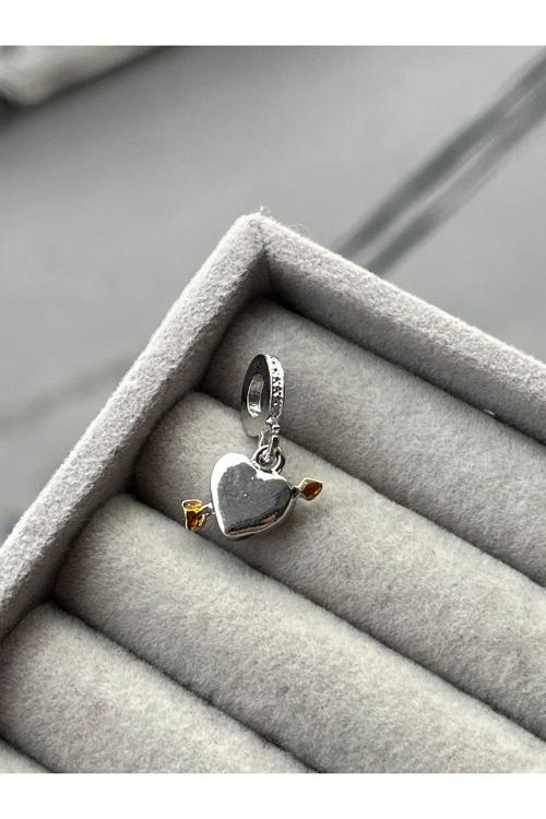 Eros Ok Kalp Charm ( Gümüş Kaplama) Gri Battal Standart