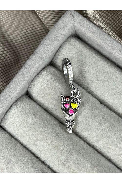 Sallantılı Çiçek Buketi Charm Gümüş Kaplamadkr Gri Battal Standart