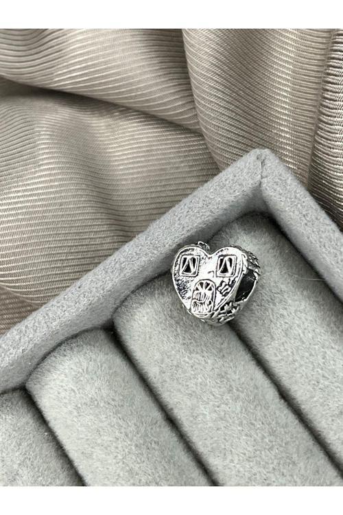 Ev Pencere Desenli Kalp Charm Gümüş Kaplama Gri Battal Standart