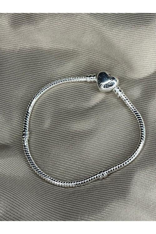 Logolu Kalp Moment Bileklik Charm Takılabilir Gümüş Kaplama Gri 18 cm