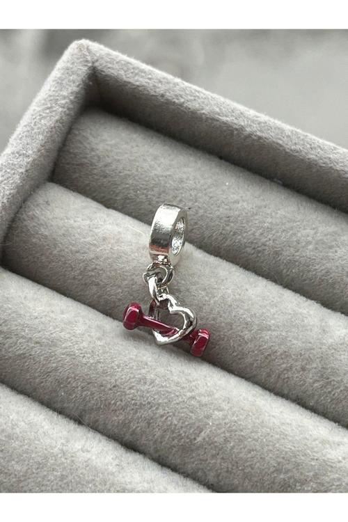Kalpli Dumbbell Charm Gümüş Kaplama kırmızı Tek Ebat