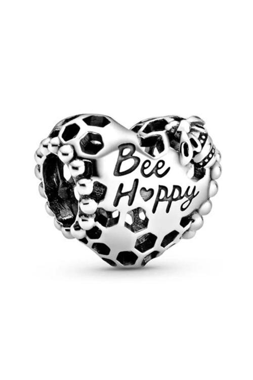 Bee Happy Kalp Charm Gümüş Kaplama Gri Tek Ebat