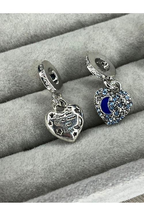 Mavi Ay Ve Yıldızlar Kalp Charm Gümüş Kaplama Mavi Tek Ebat