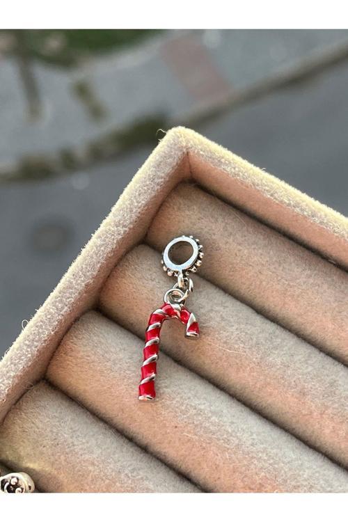 Baston Şeker Charm Gümüş Kaplama Kırmızı #1