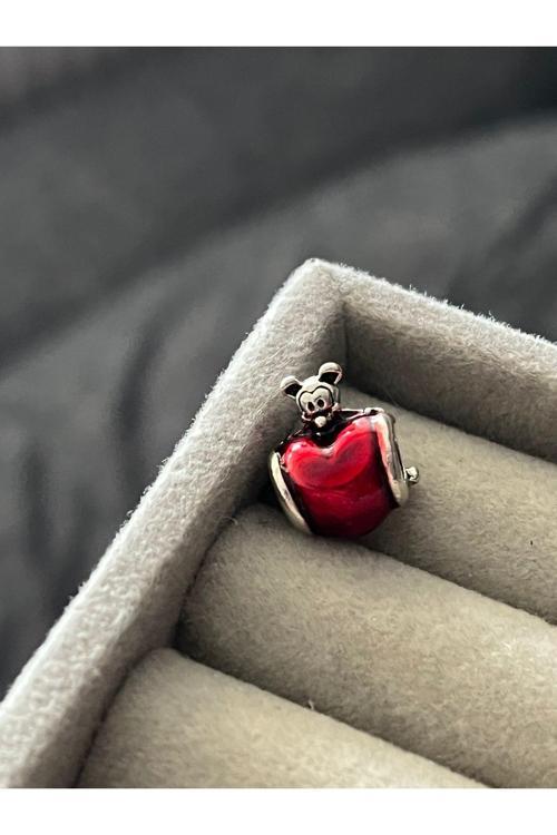 Mickey Mouse Metalik Kalp Charm Gümüş Kaplama Kırmızı Tek Ebat
