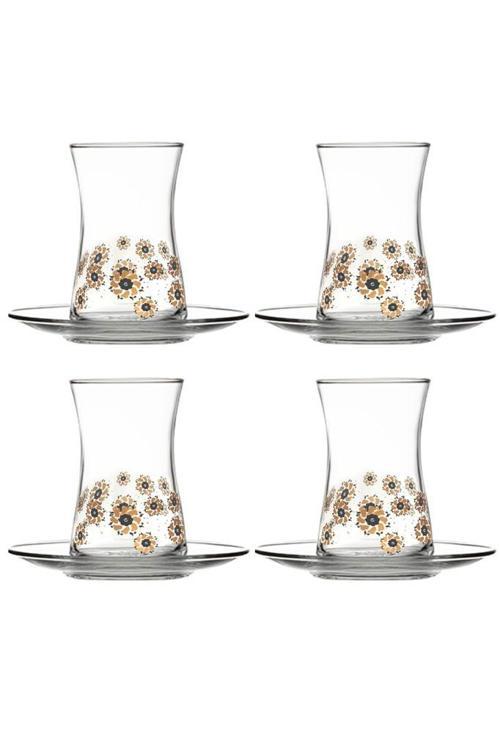 95483 Golden Wind 4lü 8 Parça Çiçek Desenli Heybeli Cam Çay Seti Takımı