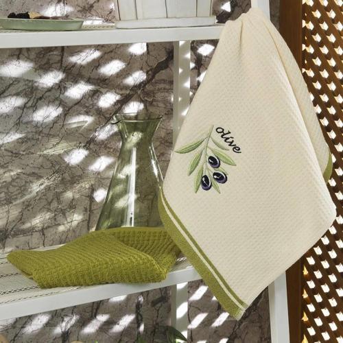 Pamuk Mutfak Havlusu Olive 2'Li Krem-Yeşil 40x60cm