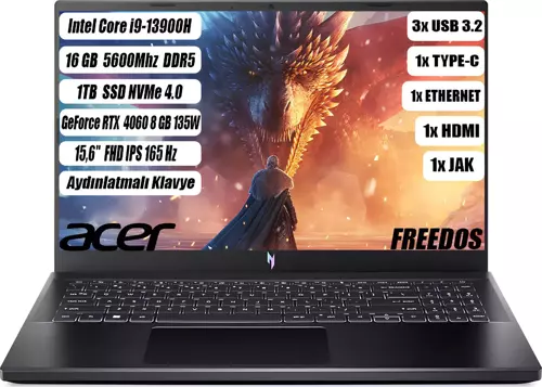 Nitro ANV15-51 I9-13900H 16 GB 1 TB SSD RTX 4060- 8 GB 15,6" FHD IPS 165 Hz  Freedos NH.QQEEY.007