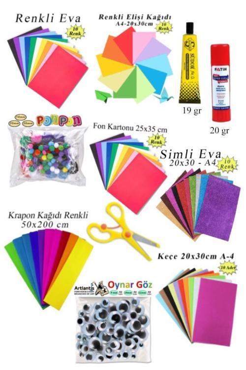 Anaokulu Etkinlik Seti 11 li 1 Paket Okul Öncesi Gelişim Seti Keçe Oynar Göz Krapon Ponpon Elişi Kağıdı Fon Kartonu Eva 
