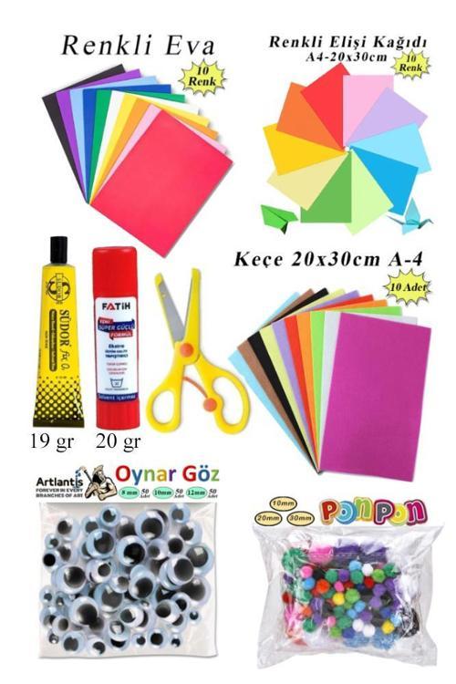 Anaokulu Etkinlik Seti 8 li 1 Paket Okul Öncesi Gelişim Seti Keçe Oynar Göz Ponpon Elişi Kağıdı Eva