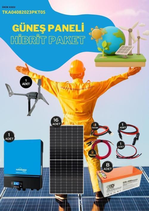 Güneş Enerjisi  Hibrit Paket 7.2 KVA İnverter 450 watt  Güneş Paneli 200 Amper Jel Akü İ-2000W 48V Rüzgar Türbini + Hibr