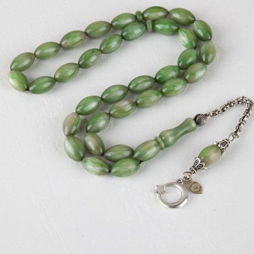 Sedefli Sıkma Kehribar Alpaka Püskül Arpa Kesim 8.5x14mm - Açık Yeşil