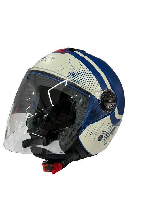 SW 715 Gemini Blue Beige Yarım Motosiklet Kaskı - Şeffaf Vizör