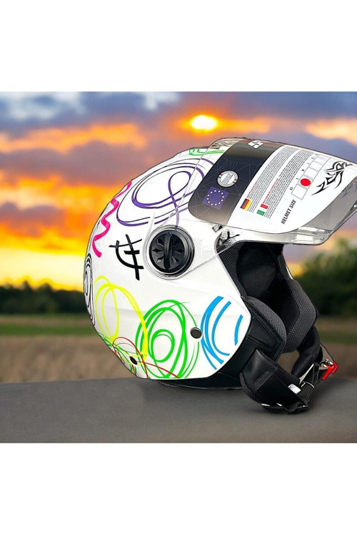 SW715 White Flower Şeffaf Vizörlü Yarım Motosiklet Scooter Kaskı