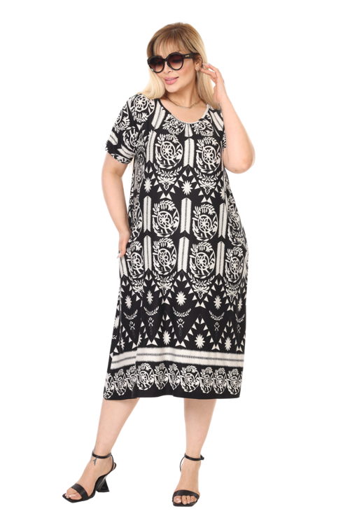 Butik Beyaz Retro Desen Kuplu Cepli Kısa Kol Kadın Midi Elbise