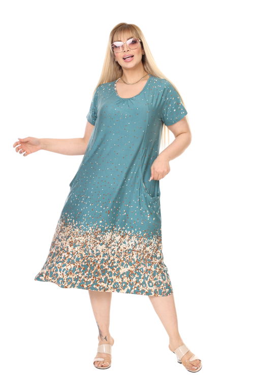 Butik Yeşil Puanlı Eteği Leopar Desen Kuplu Cepli Kısa Kol Kadın Midi Elbise