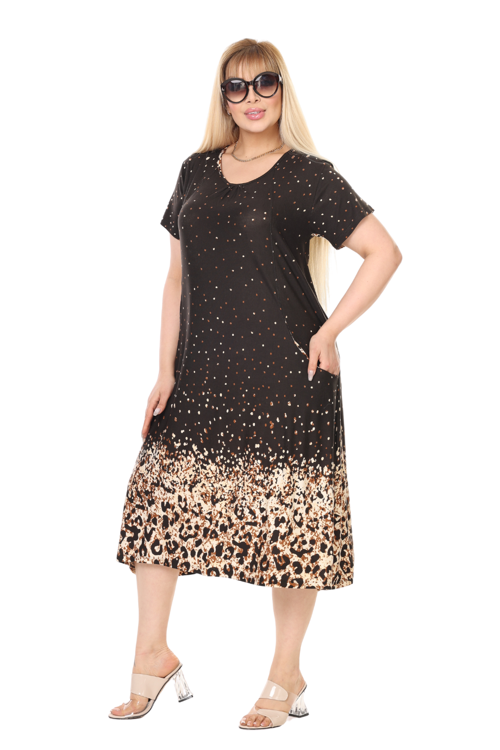 Butik Siyah Puanlı Eteği Leopar Desen Kuplu Cepli Kısa Kol Kadın Midi Elbise