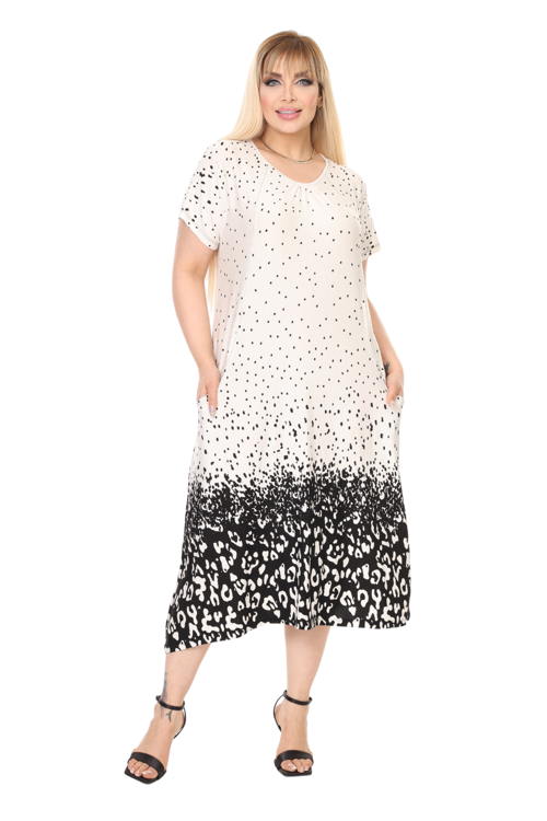 Butik Krem Puanlı Eteği Leopar Desen Kuplu Cepli Kısa Kol Kadın Midi Elbise