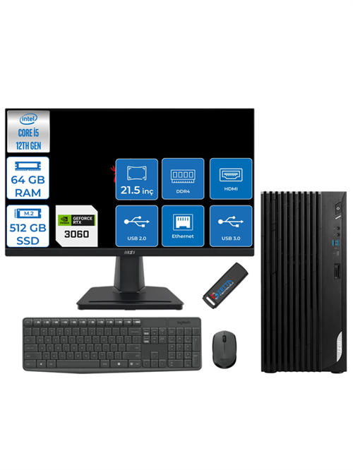Pro DP180 Intel Core I5 12400 64GB 512GB SSD 12GB/RTX3060 21.5" Monitör Windows 11 Pro Masaüstü Bilgisayar MON36GT21422XTRP16 + Zettausbbellek
