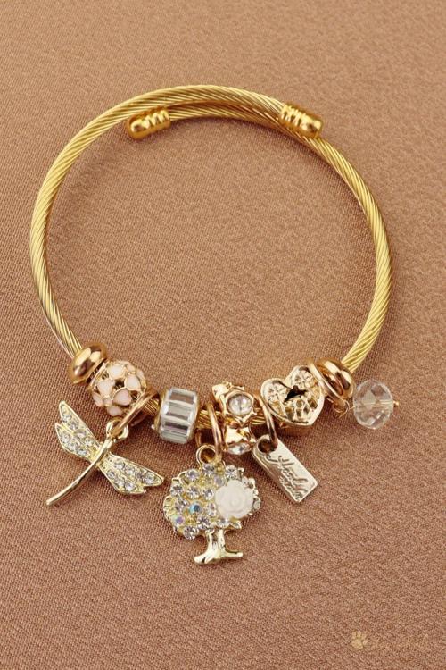 Yaşam Ağaçlı Charm Bileklik - Yusufçuk Yaşam Ağacı Kalp Charmlı Bileklik Gold Yeni Sezon