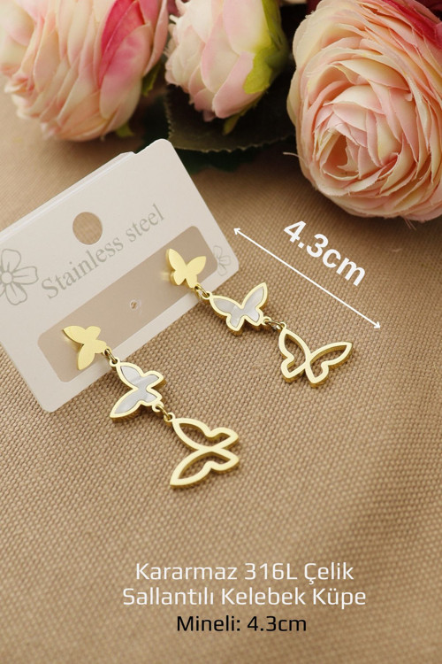 Çelik Küpe - Çelik Gold Sallantılı Kelebek Model Mineli Kararmaz Küpe 4.3Cm - Yeni Sezon