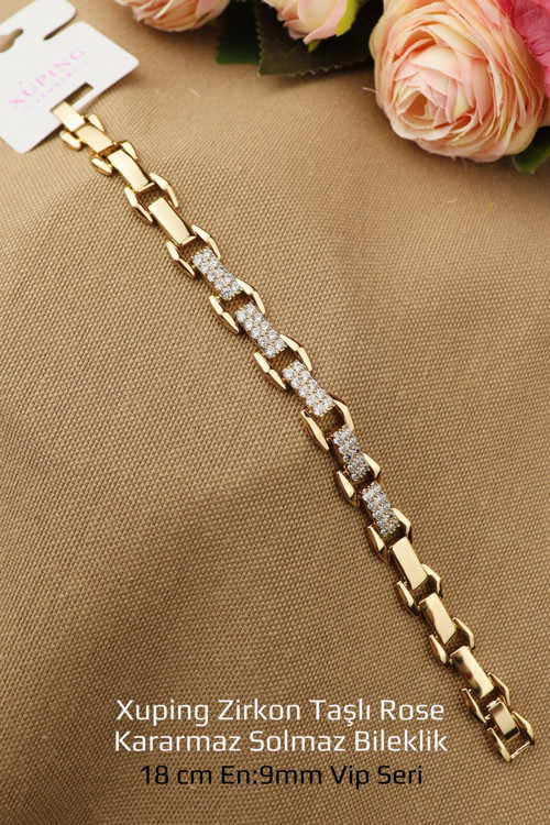 Xuping Bileklik - Vip Xuping Zirkon Taşlı Kalın Rose Bileklik Karamaz Solmaz 18 Cm En:9Mm