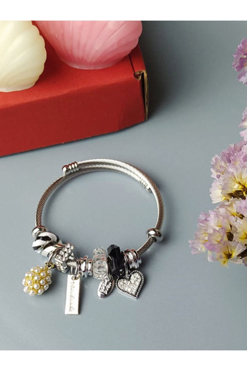 Charm Bileklik - Siyah Kalp Incili Çelik Pandora Bileklik