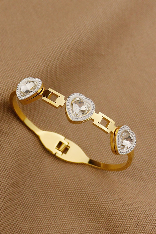 Çelik Bileklik- Zirkon Kalp Taşlı Trend Gold Aşk Çelik Kelepçe Çap 6Cm - Yeni Sezon