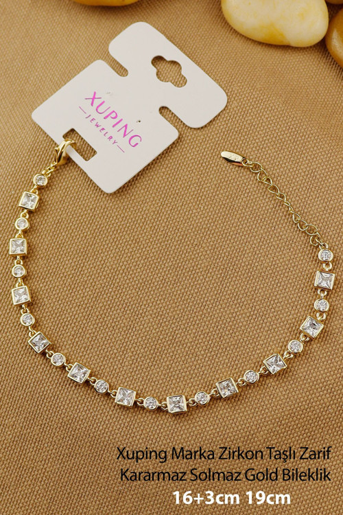 Xuping Bileklik - Vip Xuping Zirkon Taşlı Zarif Model Gold Bileklik Karamaz 16+3 Cm