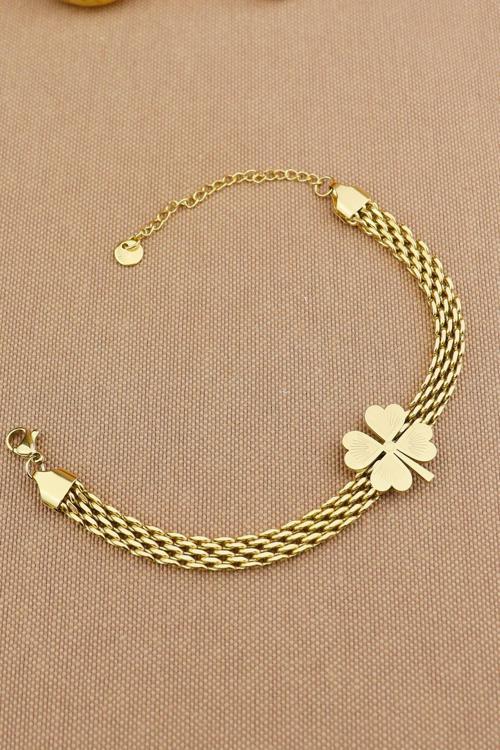 316L Kalın Hasır Çelik Zincir Yoncalı Bileklik Gold Kararmaz Solmaz - 17+5Cm En:6Mm Çelik Bileklik