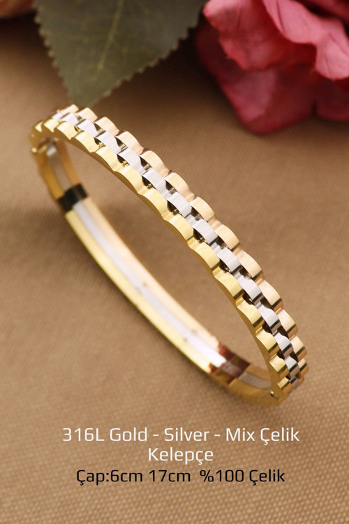 Çelik Bileklik - Kararmaz Solmaz Kordon Model Mix 316L Çelik Kelepçe 17 Cm