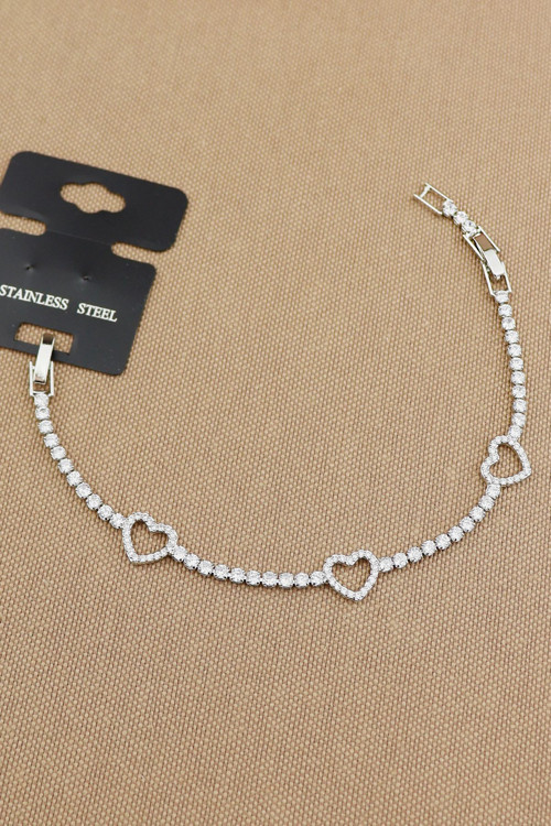 Çelik Su Yolu - 2Mm Yuvarlak Zirkon Taşlı Kalpli Suyolu Çelik Bileklik Silver Kararmaz Solmaz 17+2Cm