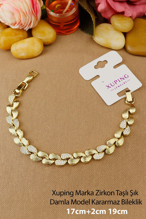 Xuping Bileklik - Vip Xuping Damla Model Zirkon Taşlı Tasarım Gold Bileklik Karamaz En:9 Boy:17+2Cm