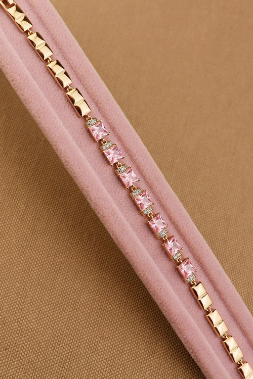 Xuping Bileklik - Vip Kare Pembe Zirkon Taşlı Kordon Model Rose Xuping Bileklik 17+2 Cm En: 4Mm