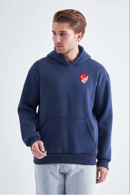 Sweatshirt, Lacivert Kapüşonlu, İçi Polarlı, Üç İplik Tff-M