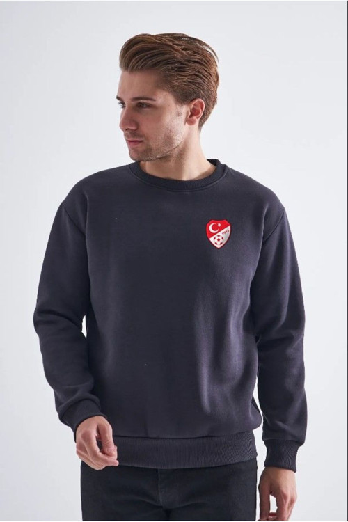 Sweatshirt, Füme Basic Kapüşonsuz, İçi Polarlı, Üç İplik Tff-L