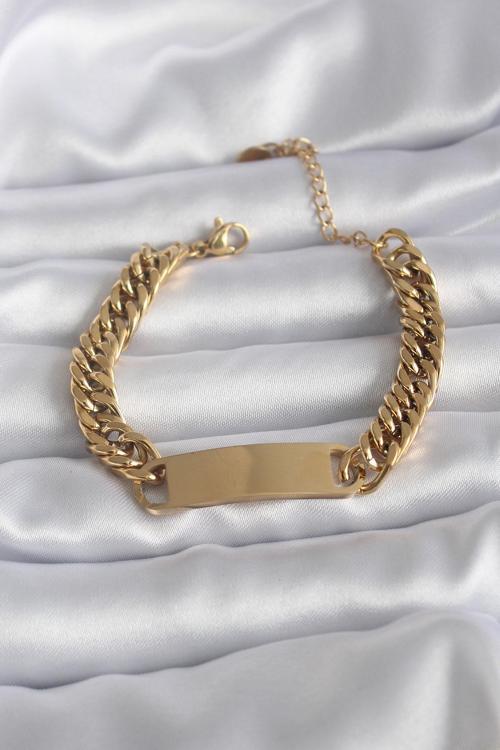 Zarif Kadın için Golden Çelik İsim Yazılabilir Plaka Bileklik