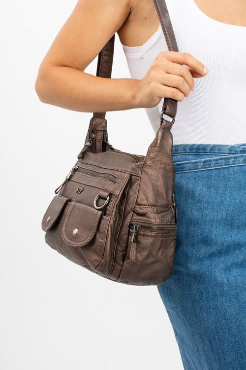 Y.S.Deri Kadın Çapraz Askılı Postacı Omuz Çantası Vegan Deri 25*20 Cm Bayan Omuz Çantası Çok Cepli