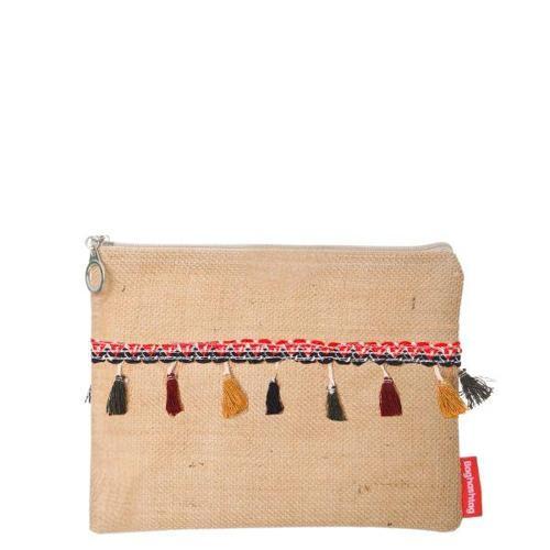 Vintage Pon Pon Püsküllü Jüt Clutch Bez Çanta