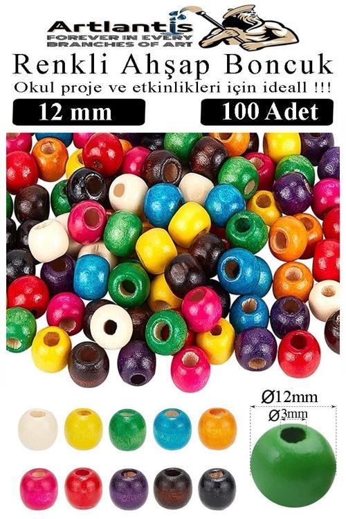 Renkli Ahşap Boncuk 12mm 100 lü 1 Paket Renkli Ahşap Boyalı Yuvarlak Doğal Boncuklar Saç Takı Tasarım Ektinlik Kreş Okul