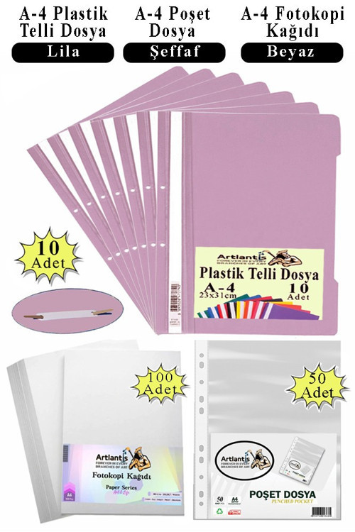 Telli Dosya Plastik A4 10 lu Poşet Dosya 50 li A4 Fotokopi Kağıdı 100 Adet 1 Paket Ekonomik Kaliteli Şeffaf Kapak Dosya