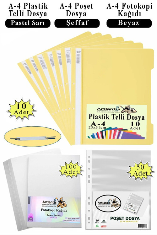 Telli Dosya Plastik A4 10 lu Poşet Dosya 50 li A4 Fotokopi Kağıdı 100 Adet 1 Paket Ekonomik Kaliteli Şeffaf Kapak Dosya