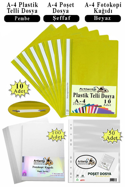 Telli Dosya Plastik A4 10 lu Poşet Dosya 50 li A4 Fotokopi Kağıdı 100 Adet 1 Paket Ekonomik Kaliteli Şeffaf Kapak Dosya