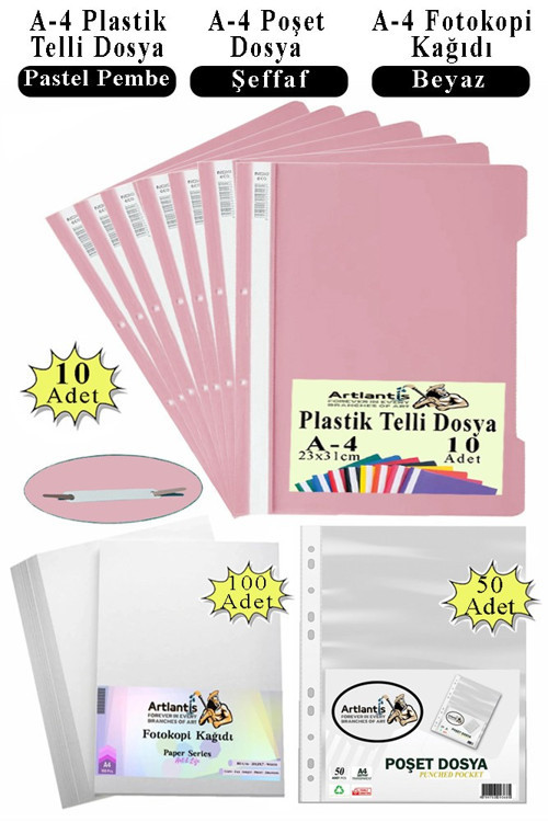 Telli Dosya Plastik A4 10 lu Poşet Dosya 50 li A4 Fotokopi Kağıdı 100 Adet 1 Paket Ekonomik Kaliteli Şeffaf Kapak Dosya
