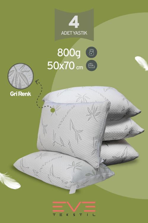 4 Adet Bamboo Gri Serisi Kılıflı Fermuarlı Yıkanabilir Antialerjik Silikon Elyaf Yastık 50x70cm 800 gr
